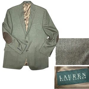 Lauren Ralph Lauren Men’s Wool Blazer Size 44L Elbow Patches Green Herringbone